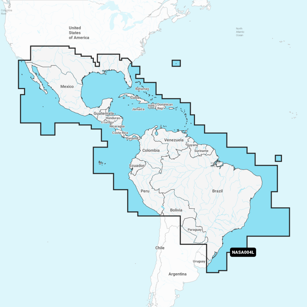 Navionics 010-C1364-30 Mexico, Caribbean to Brazil NASA004L coverage map, blue outline over Latin America