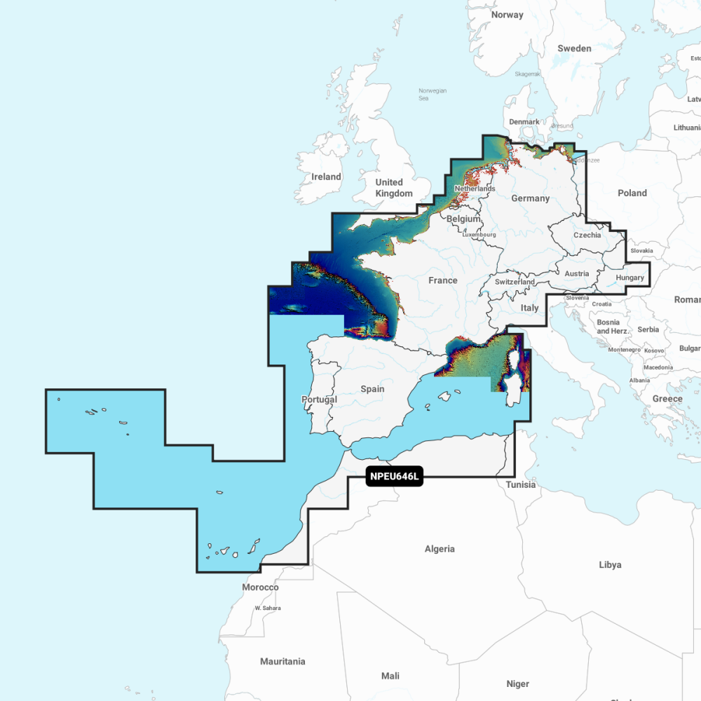 Navionics Platinum+ 010-C1354-40 Europe Central and West coverage map with depth shading across Western Europe