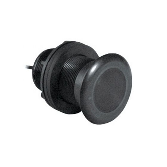Raymarine E66077 P319 depth and temperature transducer, black plastic through hull body with a flanged round face