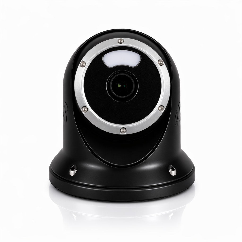 Iris Photon 4K UHD ultra low light IP camera, black, 12 mm, 4K485-001, black ball camera with a large lens and polished ring