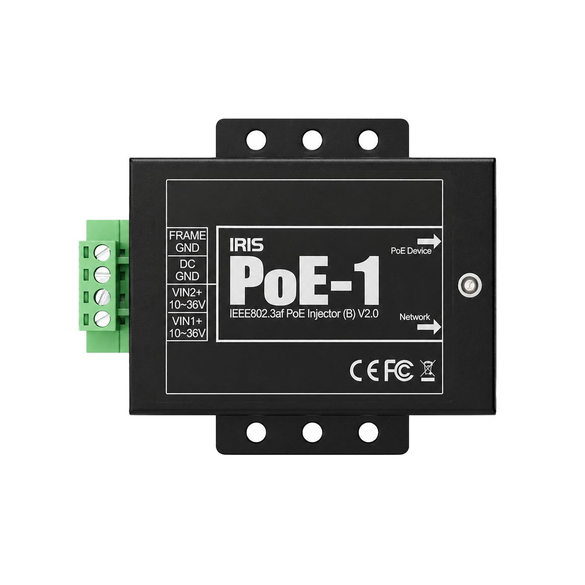 Iris PoE01 single-channel PoE injector, 00091-000, black flat box with a green screw terminal block and a PoE-1 label
