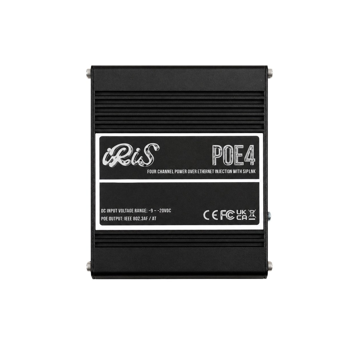 Iris PoE04v2 four-channel PoE injector, 00092-001, flat black box labelled PoE4, shown on black
