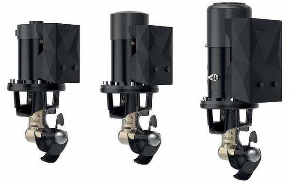 Quick FGBT18055120T00 BTQ185-55 bow thruster 55 kgf 12 V, three black thrusters with brackets and bronze propeller legs