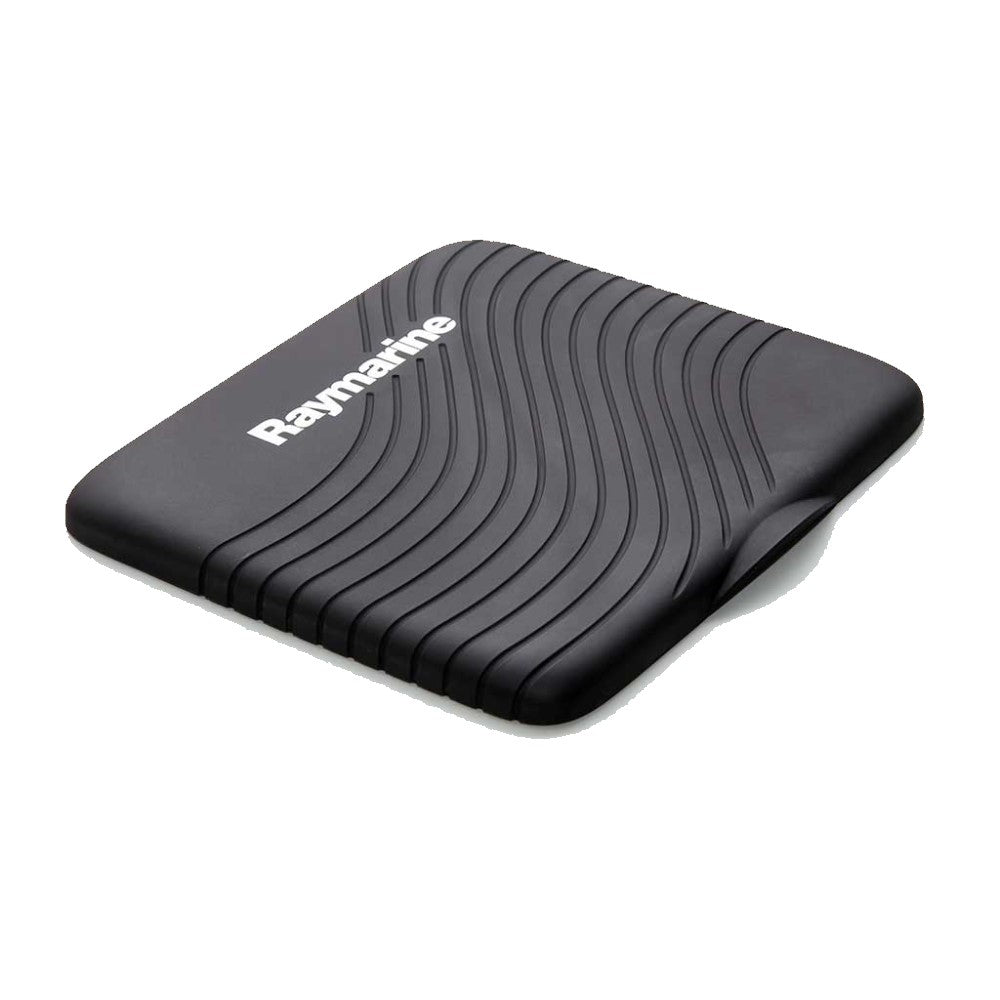 Raymarine R70727 Element 7 sun cover, black ribbed silicone cover with white Raymarine lettering, angled view