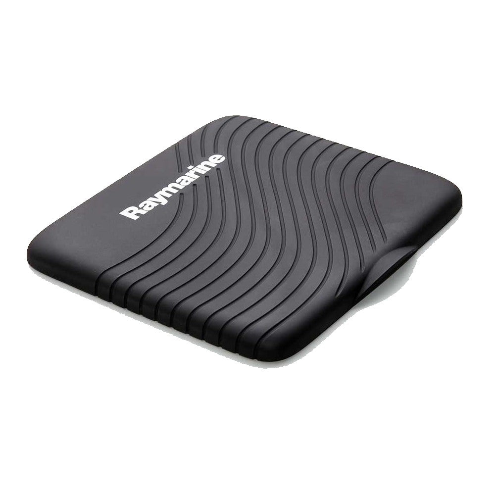 Raymarine R70729 Element 12 sun cover, black ribbed silicone cover with white Raymarine lettering, angled view