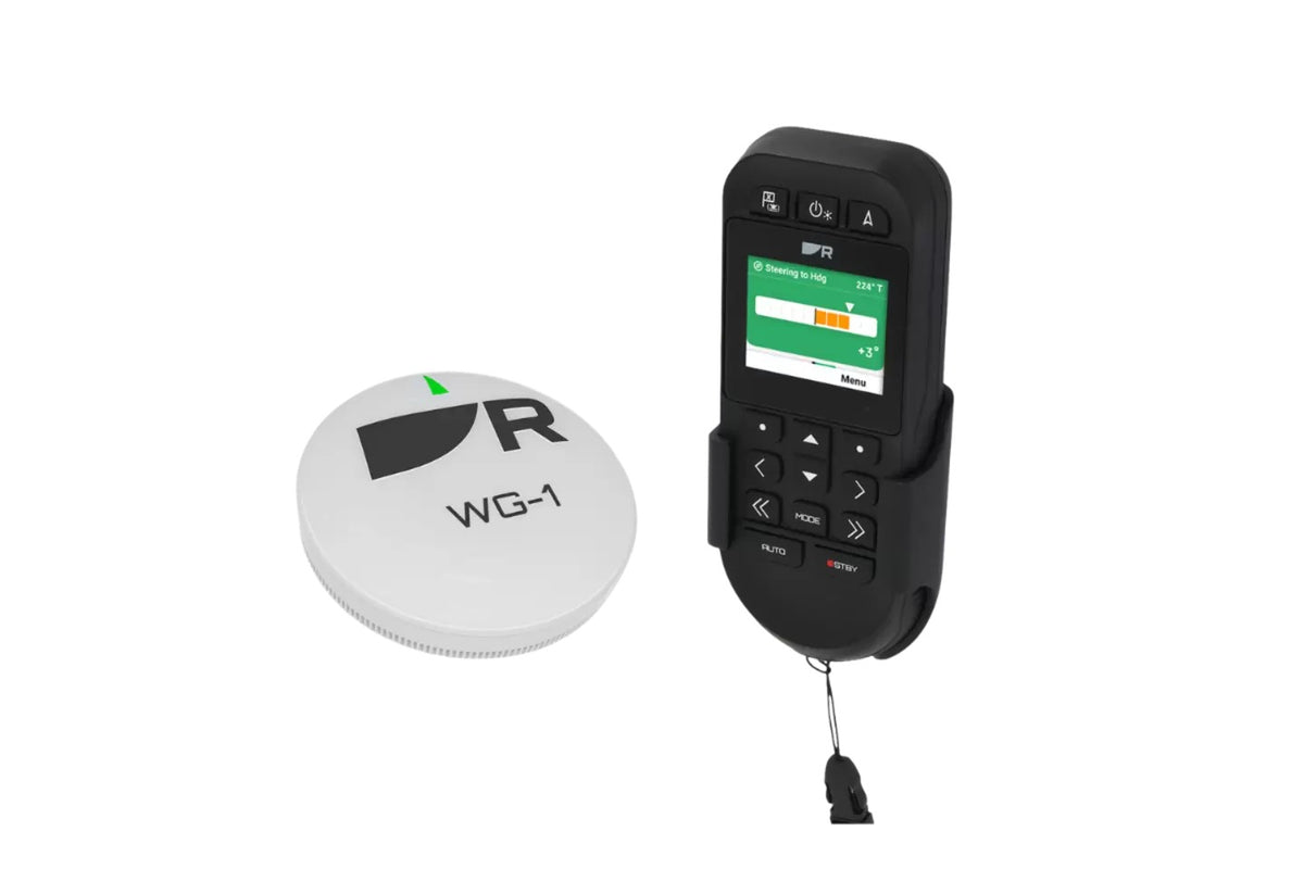 Raymarine E70718 RCU-1 wireless autopilot remote with WG-1 wireless gateway, black handset in a cradle and a white gateway