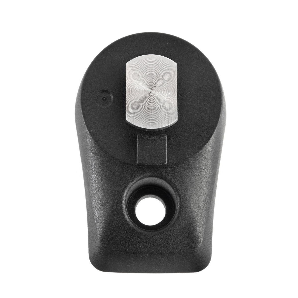 ROKK midi RL-514 track adapter for screens, black moulded adapter with a stainless plate and a fixing hole, top view