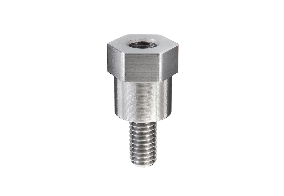 Rokk Mini RL-518 stainless 1/4 inch adapter screw with hexagonal top and M6 threaded stud, product close-up