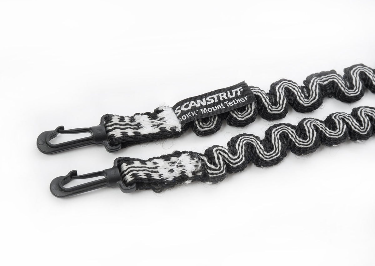 Scanstrut Rokk Mini safety tether, black and white coiled bungee strap with hooks at both ends