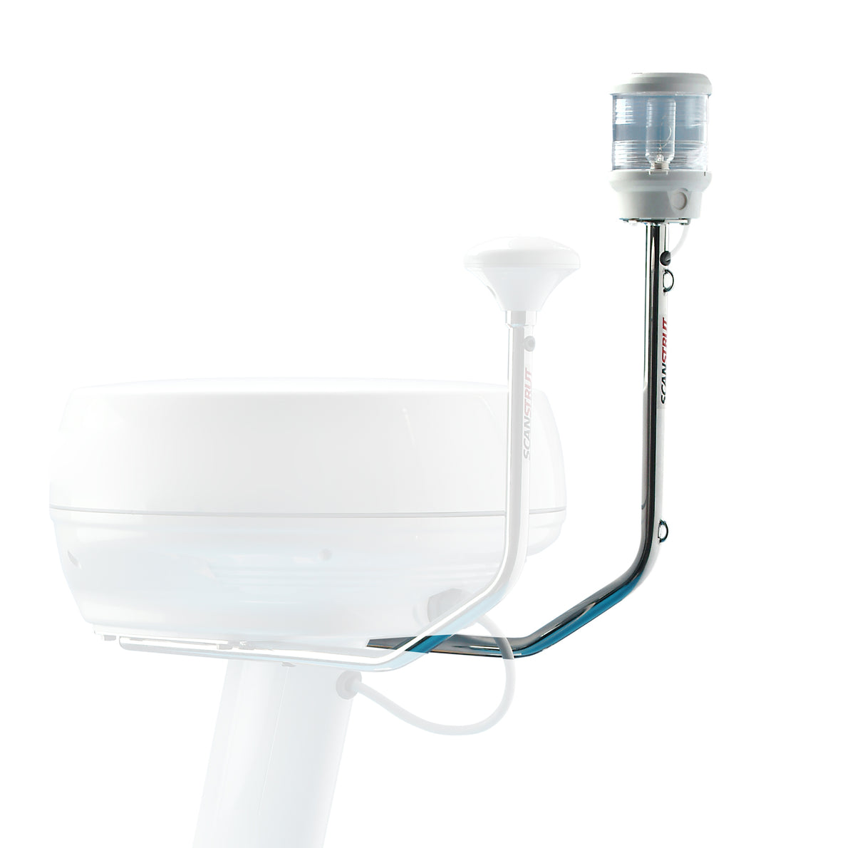 Scanstrut SC112 GPS, VHF and Navtex antenna mount, stainless arm carrying an antenna and light beside a radome