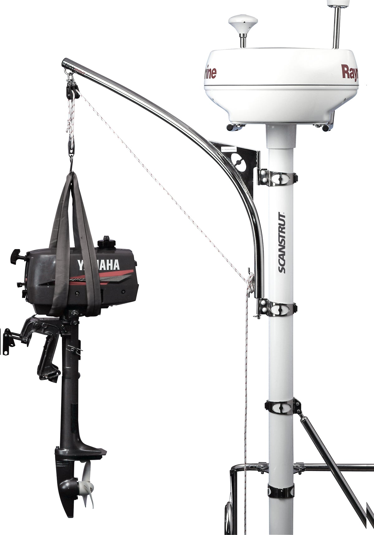 Scanstrut SC120 lifting crane on a mast with an outboard motor hung in a sling and a Raymarine radome above