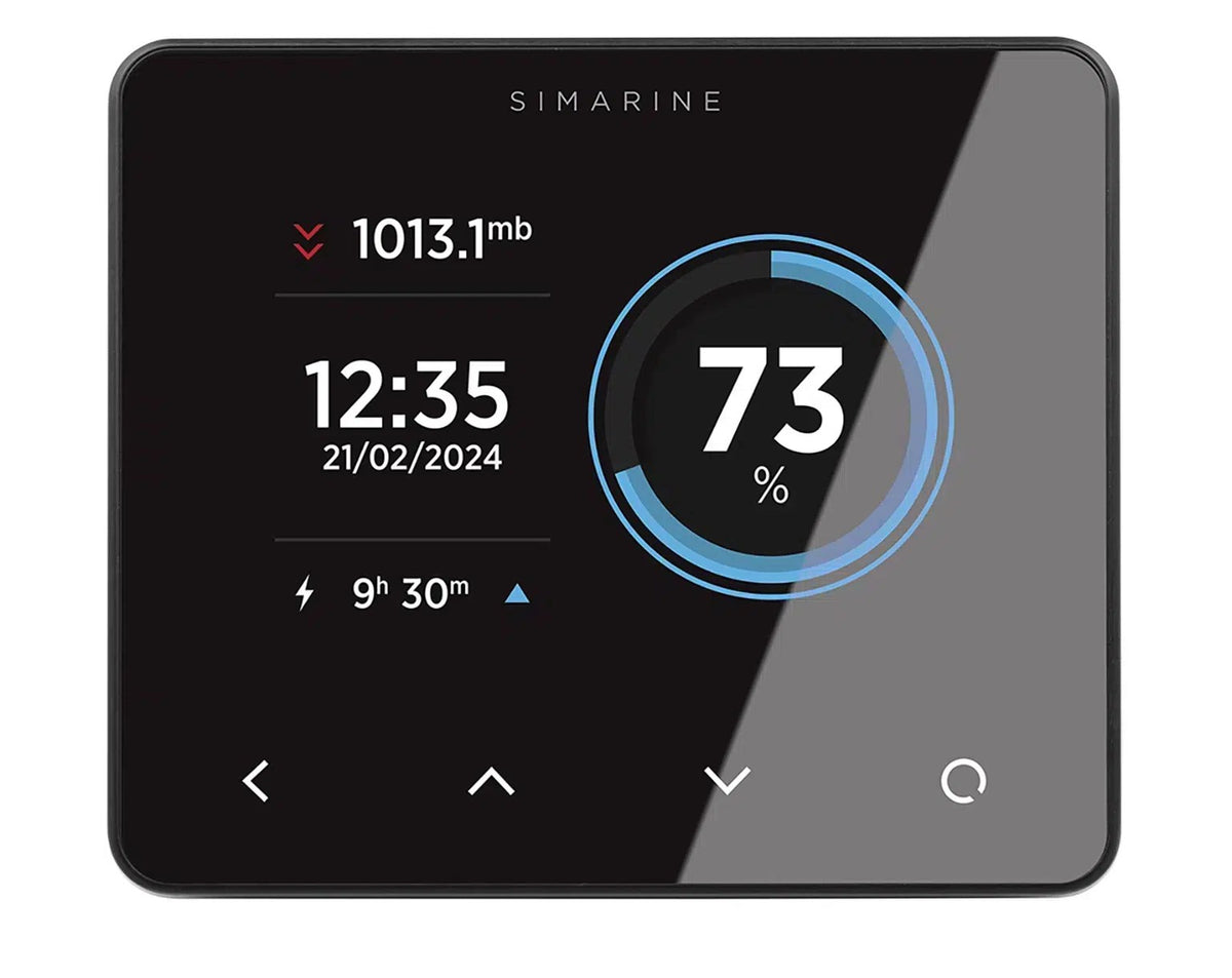 Simarine PICO battery monitor stand-alone version in black anodised aluminium showing the home screen
