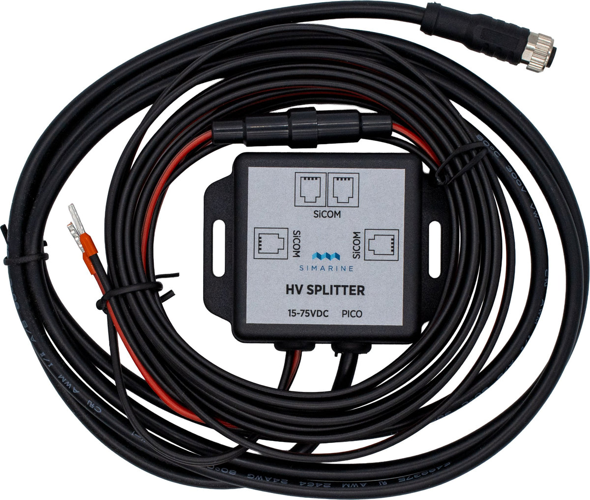 Simarine high voltage SiCOM splitter labelled 15-75 VDC with four SiCOM ports and PICO cable