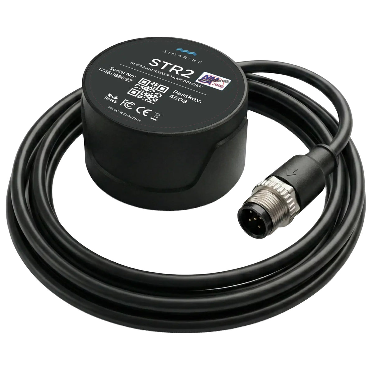 Simarine STR2 radar tank level sender, black round NMEA 2000 sender with M12 connector cable