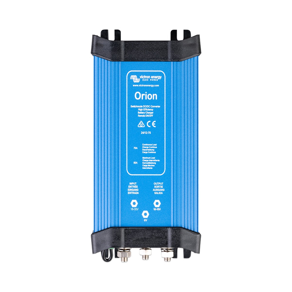 Victron ORI241230022 Orion 24/12-30 non-isolated DC-DC converter, upright blue finned unit with an Orion label