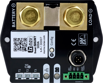 LXNav SmartShunt500 smart shunt N2K 500A, black unit with two brass posts, labelled Battery and Load, QR label and port
