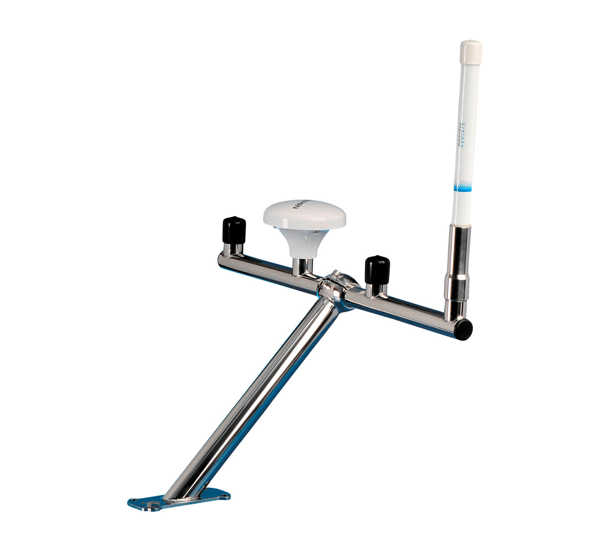Scanstrut TB-01 stainless T-Bar mount carrying a white GPS dome and a white VHF antenna, angled base visible