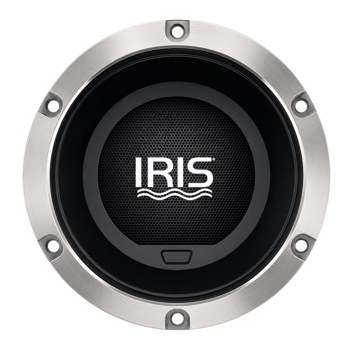 Iris IRIS-TE01 waterproof touch and rotary encoder controller, 00053-000, round stainless ring with an Iris logo, front