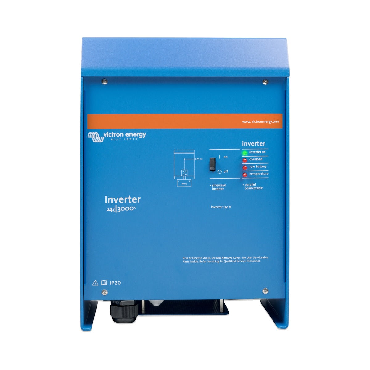 Victron PIN243020100 Phoenix inverter 24/3000 120 V NEMA, upright blue inverter with an orange band and cable gland