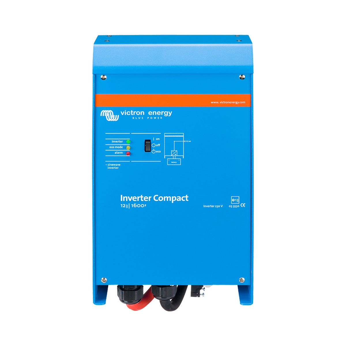 Victron CIN122160000 Phoenix inverter compact 12/1600 230 V, upright blue inverter with an orange band and red cables