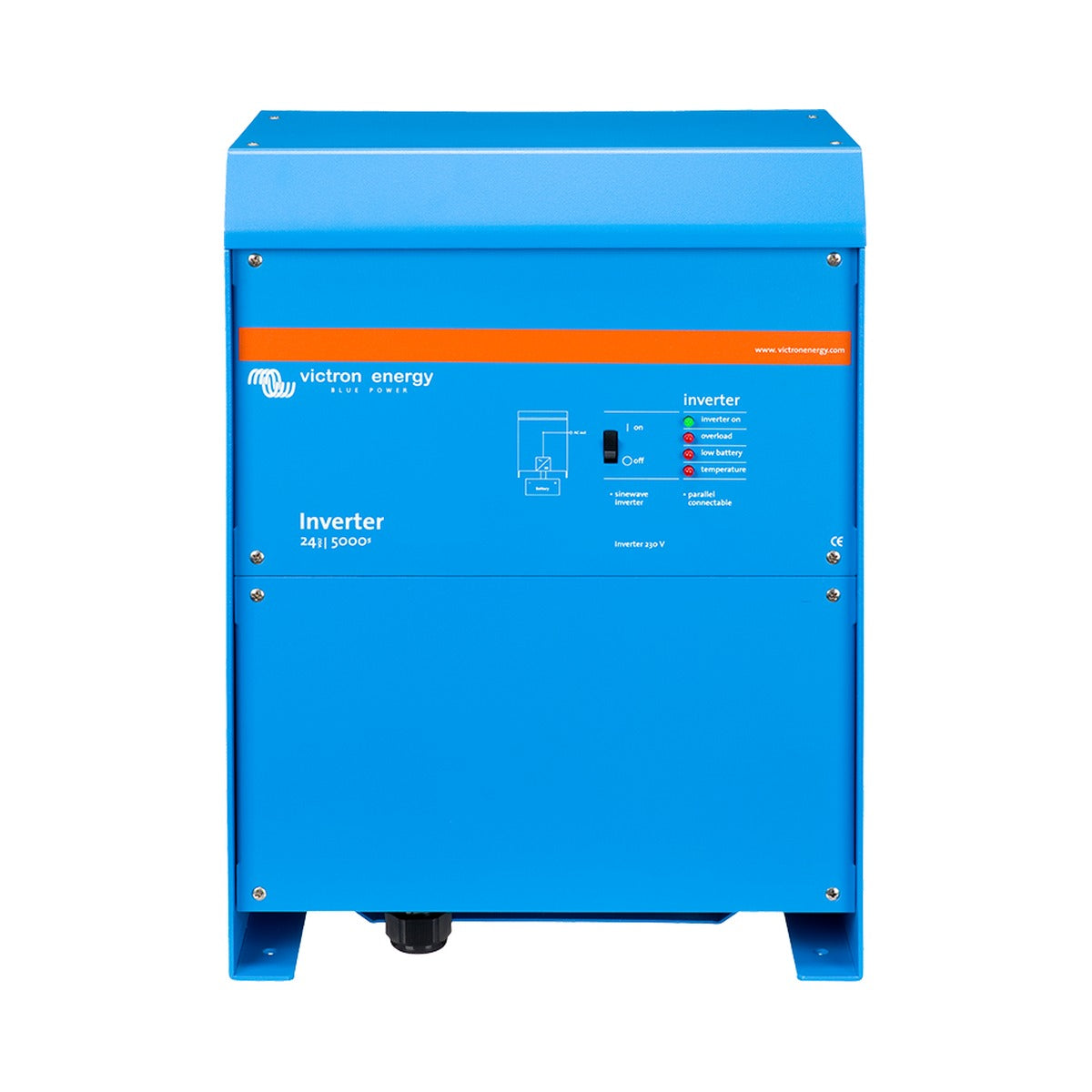 Victron PIN123020000 Phoenix inverter 12/3000 230 V VE.Bus, upright blue inverter with an orange band and cable gland