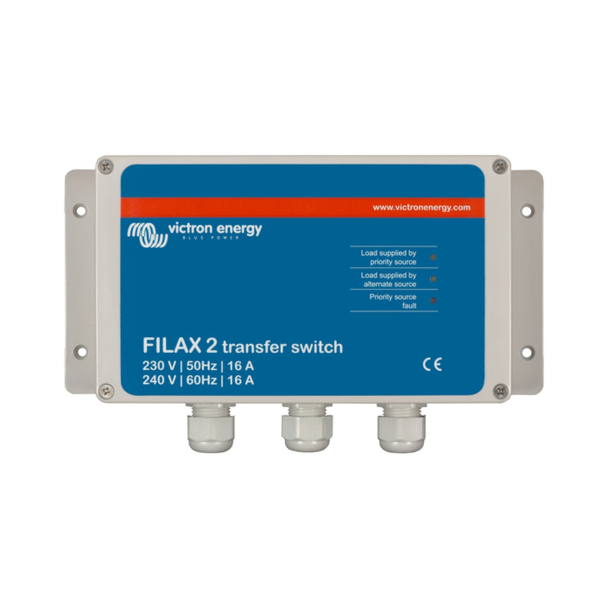Victron SDFI0000000 Filax 2 transfer switch 16 A, grey box with a blue panel and three cable glands, front view