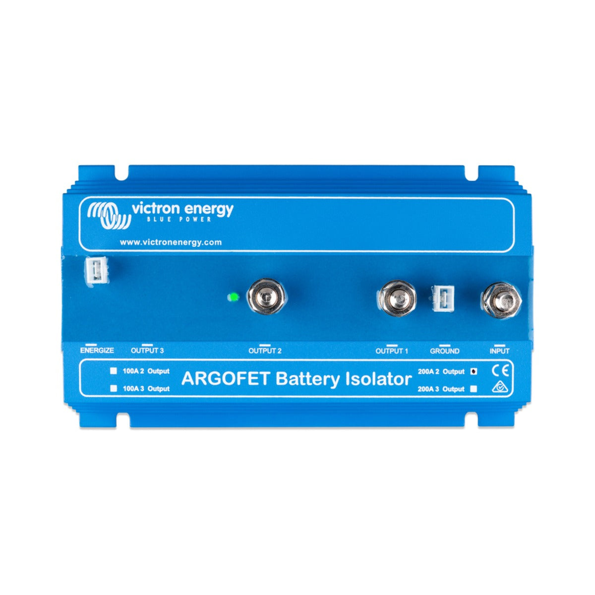 Victron ARG200201020 Argofet battery isolator 200 A 2 outputs, flat blue isolator with three studs and an LED