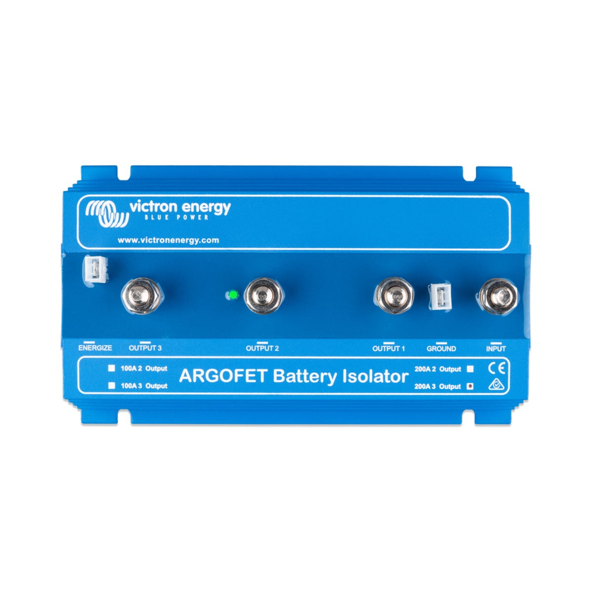 Victron ARG200301020 Argofet battery isolator 200 A 3 outputs, blue isolator with four studs and an LED