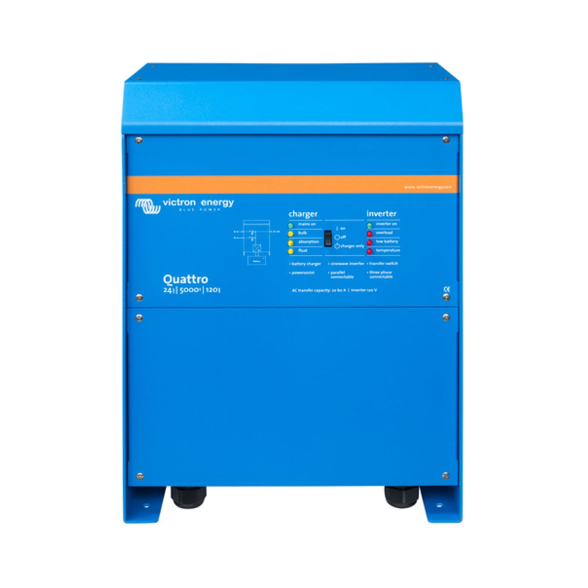 Victron QUA245023110 Quattro 24/5000/120-100 120 V, upright blue box with an orange band and cable glands