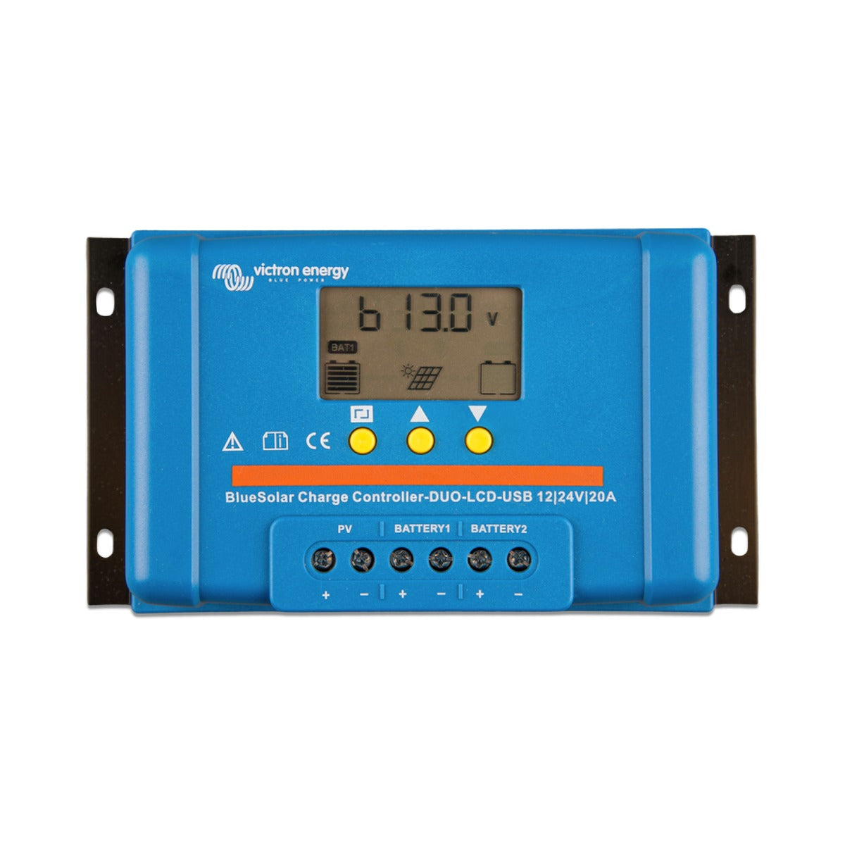 Victron SCC010020060 BlueSolar PWM DUO 12/24 V 20 A LCD and USB, blue controller with an LCD, three buttons and terminals