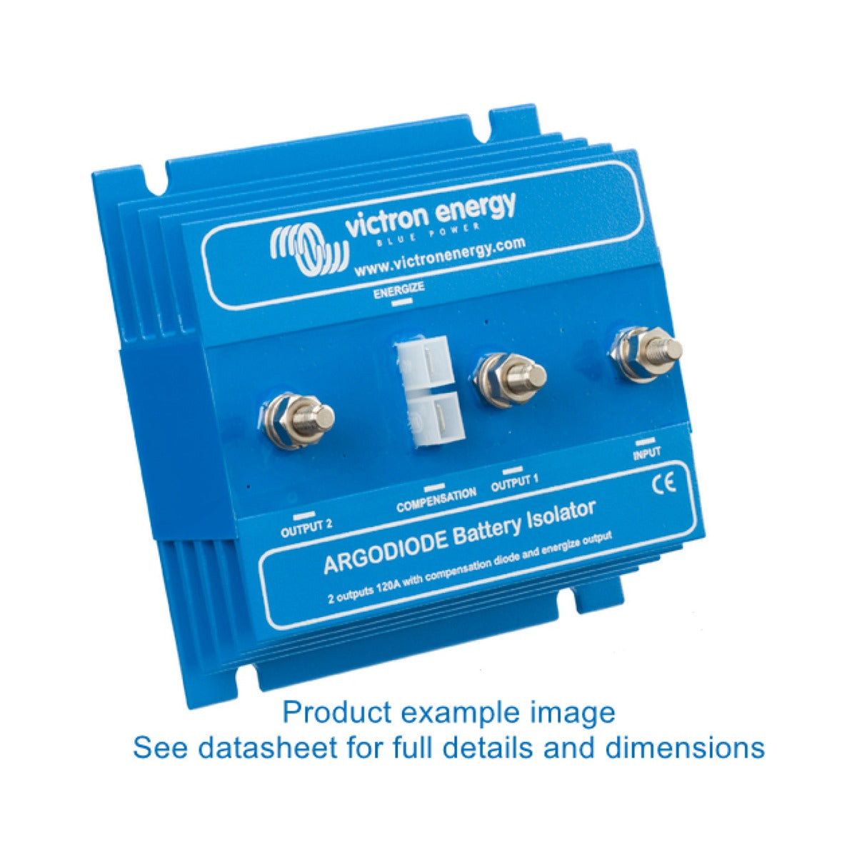 Victron ARG100301000R Argo diode battery isolator 100 A 3 outputs, blue ribbed isolator with studs and a white bar