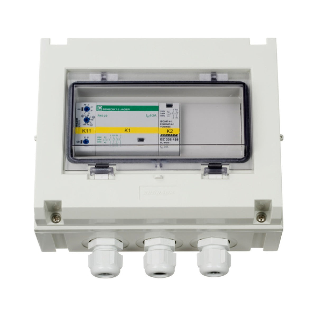 Victron COS230502100 transfer switch 5 kVA 230 V, pale grey enclosure with a clear window, relays and three glands