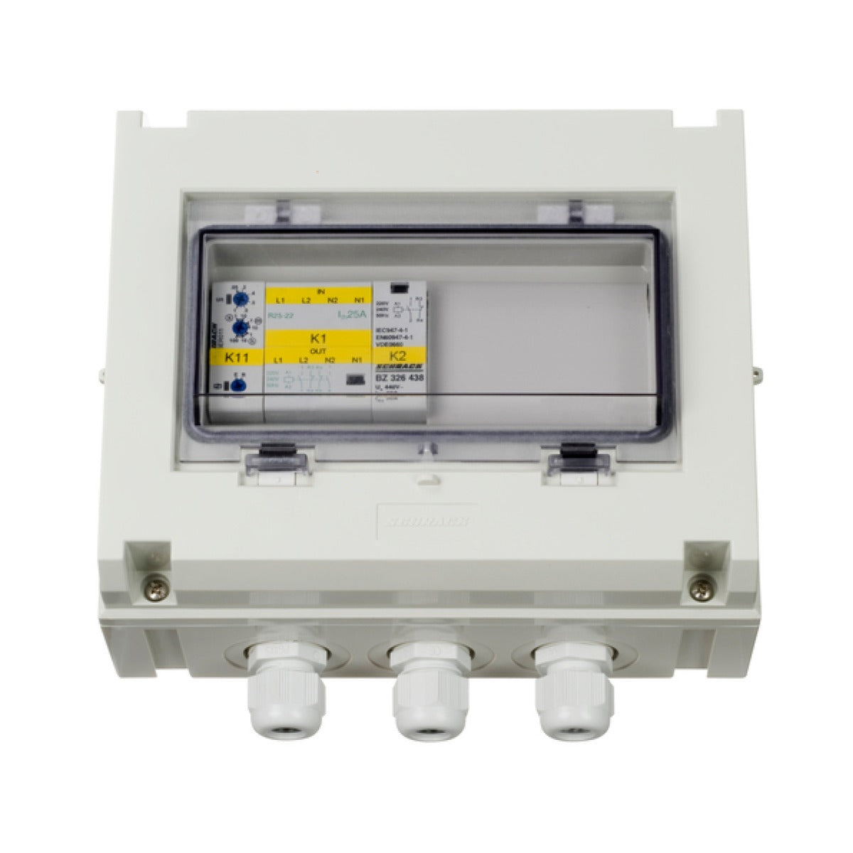 Victron COS230103100 transfer switch 10 kVA 230 V, pale grey enclosure with a clear window, relays and three glands