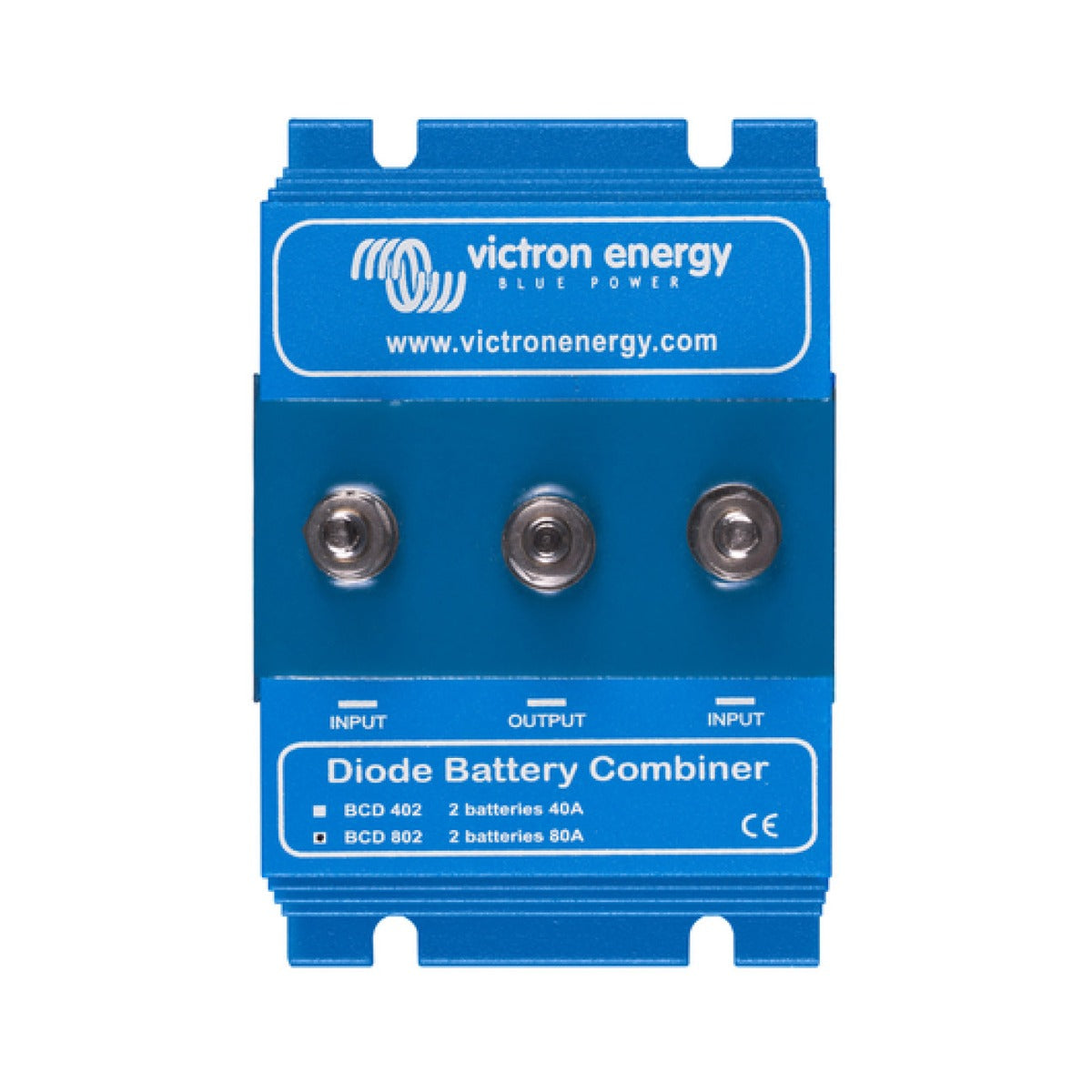Victron BCD000402000 battery combining diode 40 A, blue ribbed diode combiner with three studs and a Victron logo