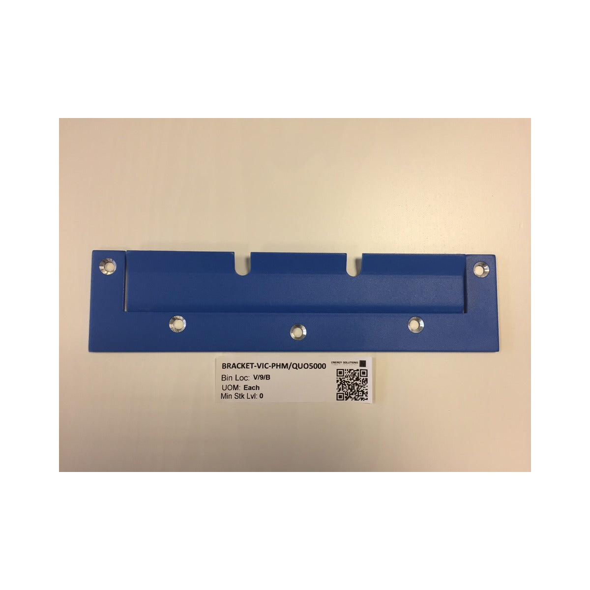 Victron BRACKET-VIC-PHM/QUO5000 mounting bracket for 5000 VA enclosures, blue slotted bracket with a white barcode label