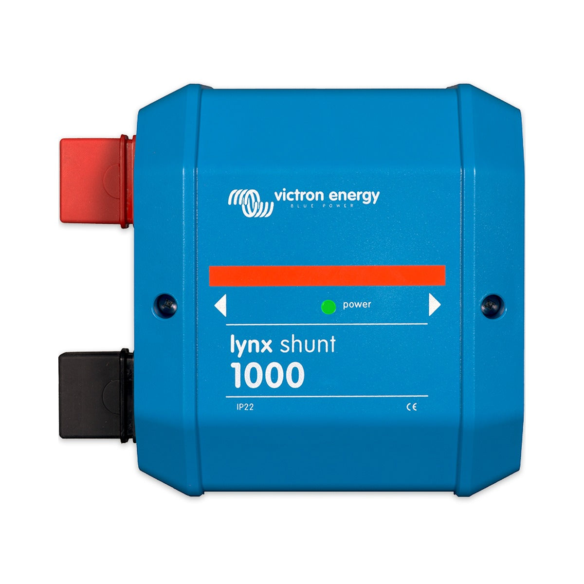 Victron LYN040102100 Lynx Shunt VE.Can, blue unit with red and black terminals, an orange band and a power LED