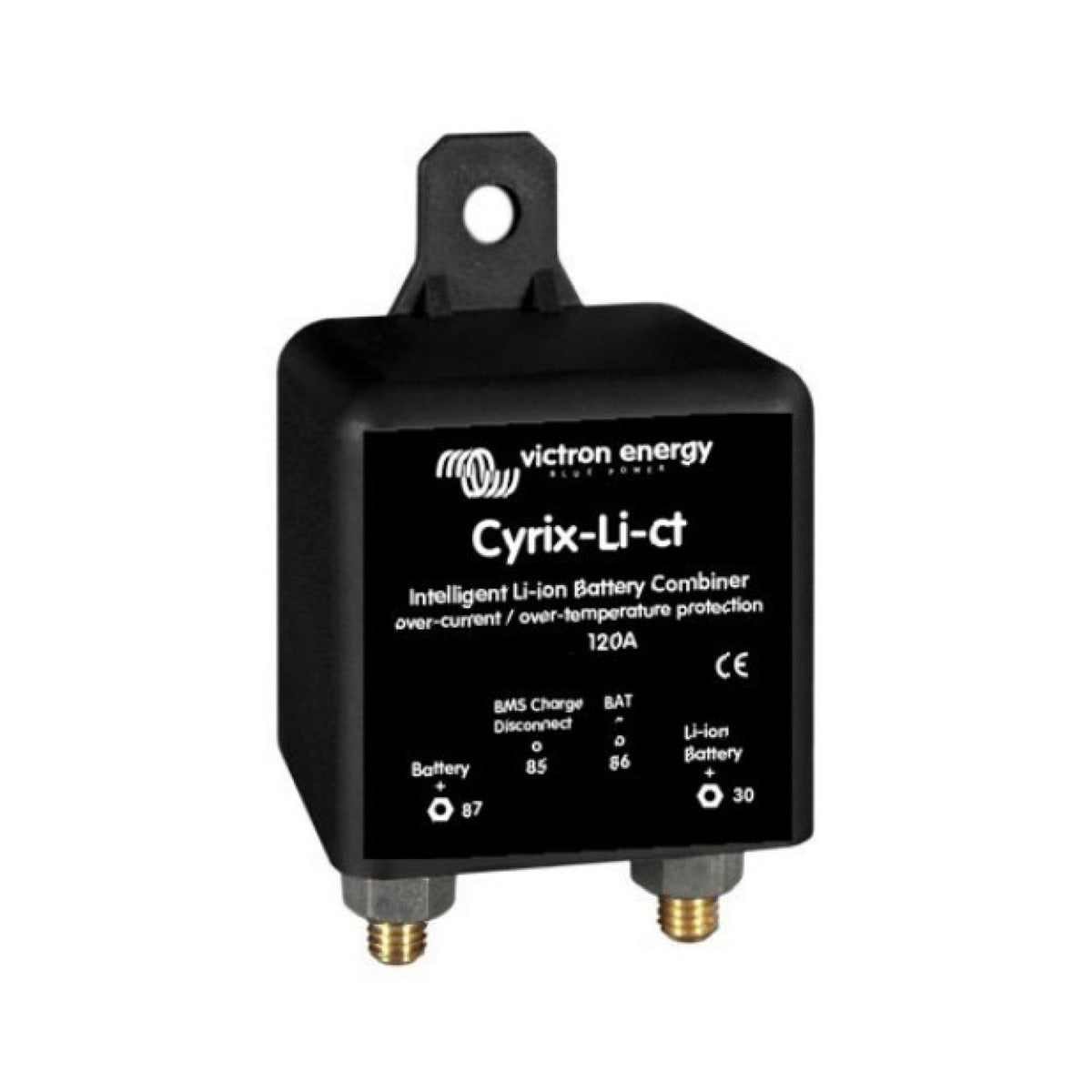 Victron CYR010120412 Cyrix-Li-ct 12/24 V 120 A, black Li-ion battery combiner with a mounting tab and two brass studs