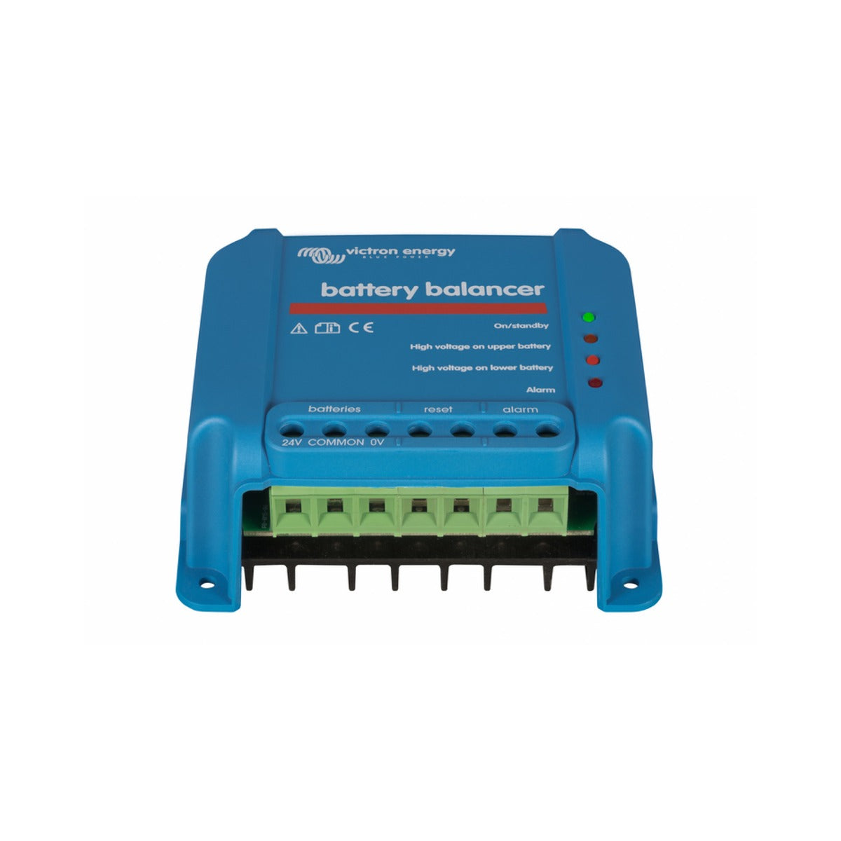 Victron BBA000100100 battery balancer, front view of a blue unit with a green terminal strip and status LEDs