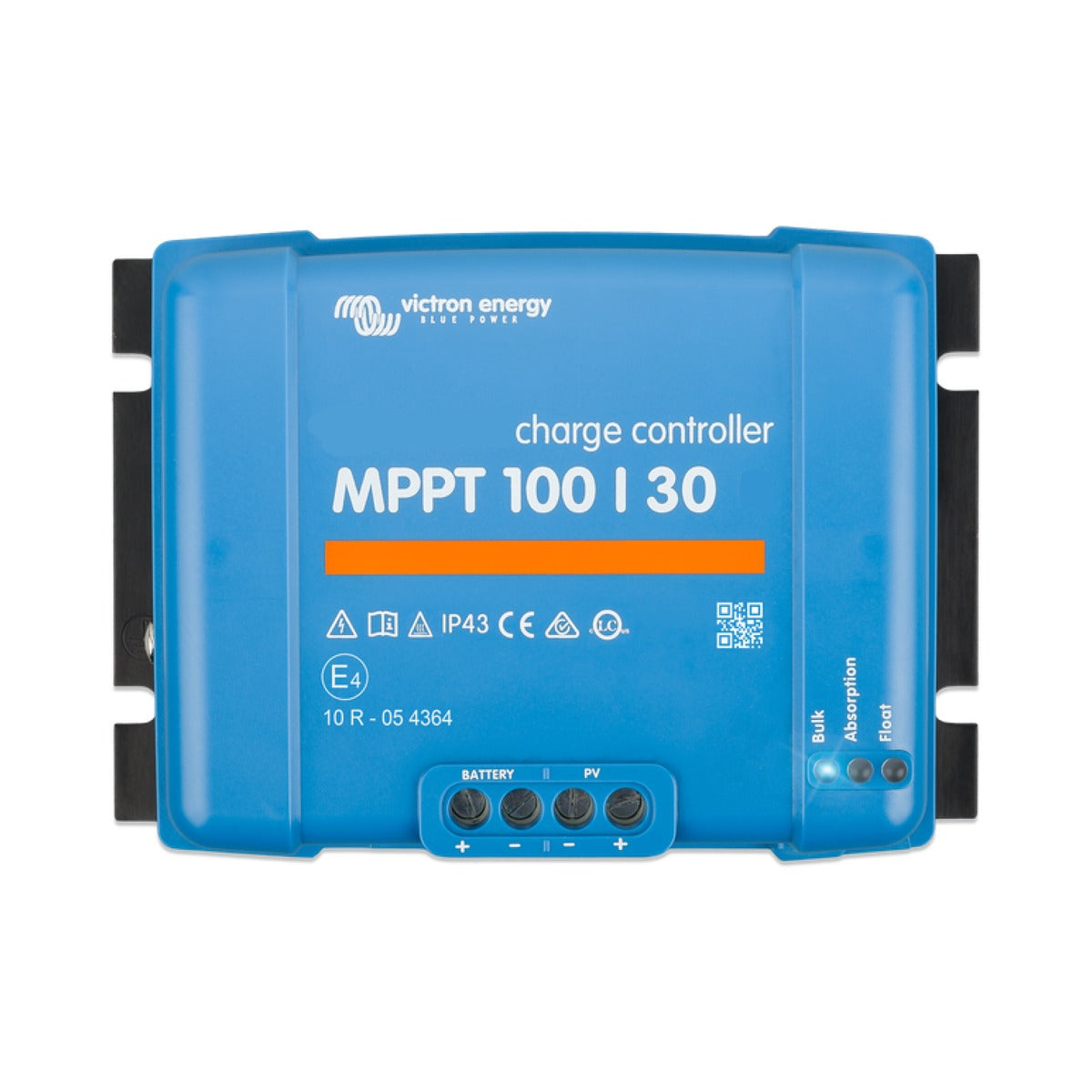 Victron SCC020030200 BlueSolar MPPT 100/30, front view of a blue charge controller with an orange band and ears