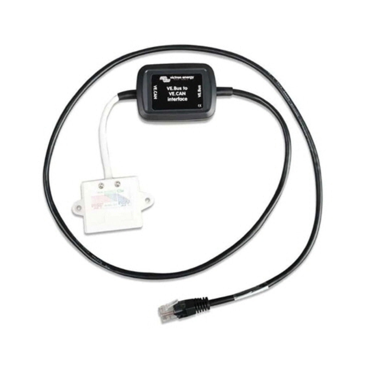 Victron ASS030520115 VE.Bus to VE.Can interface, black module on a cable with a white box and an RJ45 plug