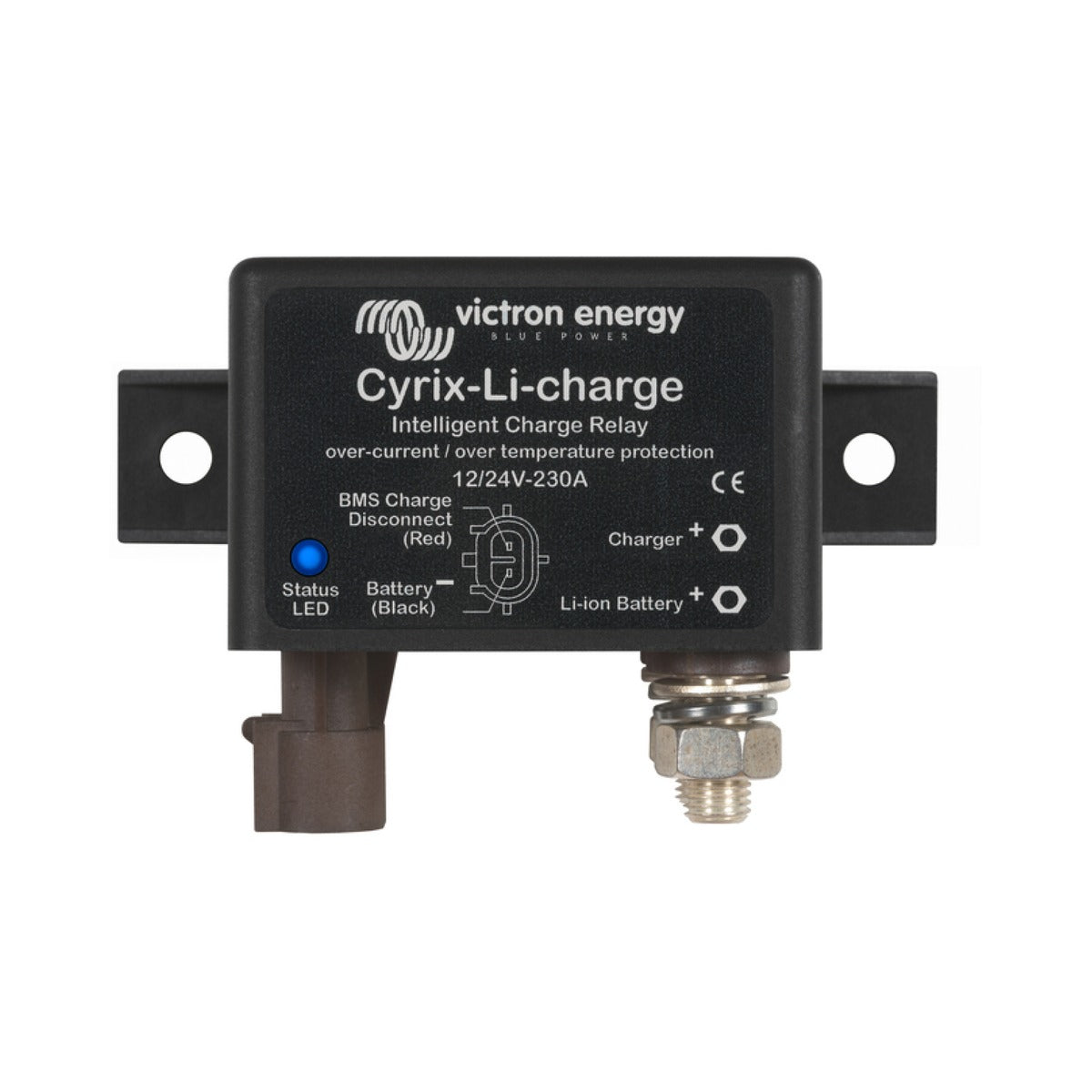 Victron CYR010230430 Cyrix-Li-charge 12/24 V 230 A, black intelligent charge relay with a mounting tab and two terminals