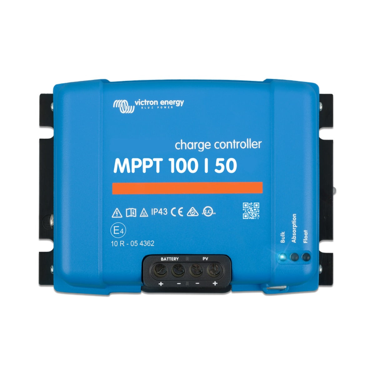 Victron SCC020050200 BlueSolar MPPT 100/50, front view of a blue controller with an orange band and black ears