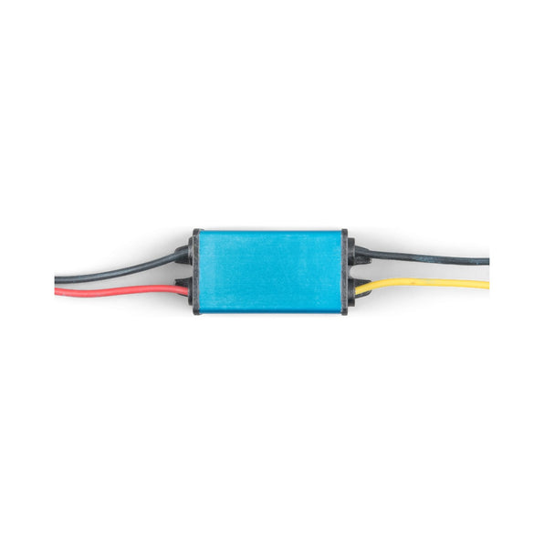 Victron ORI241205260 Orion IP67 24/12-5 DC-DC converter, small teal potted unit on grey, black and yellow wires