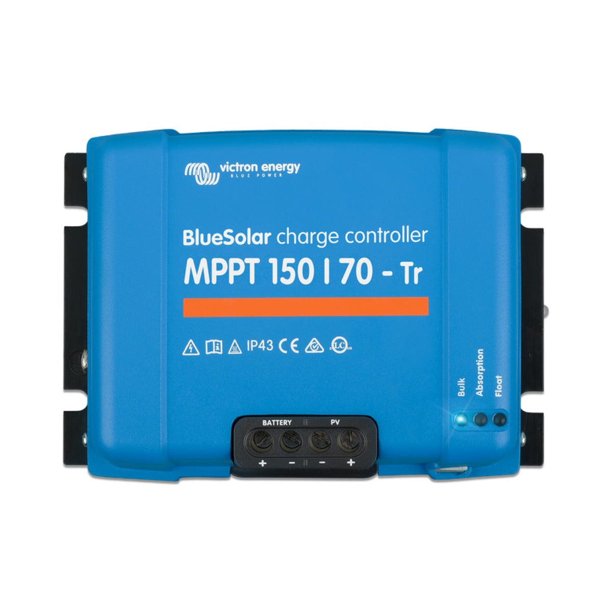 Victron SCC010070200 BlueSolar MPPT 150/70 charge controller, front view of a blue case with ears and a terminal block