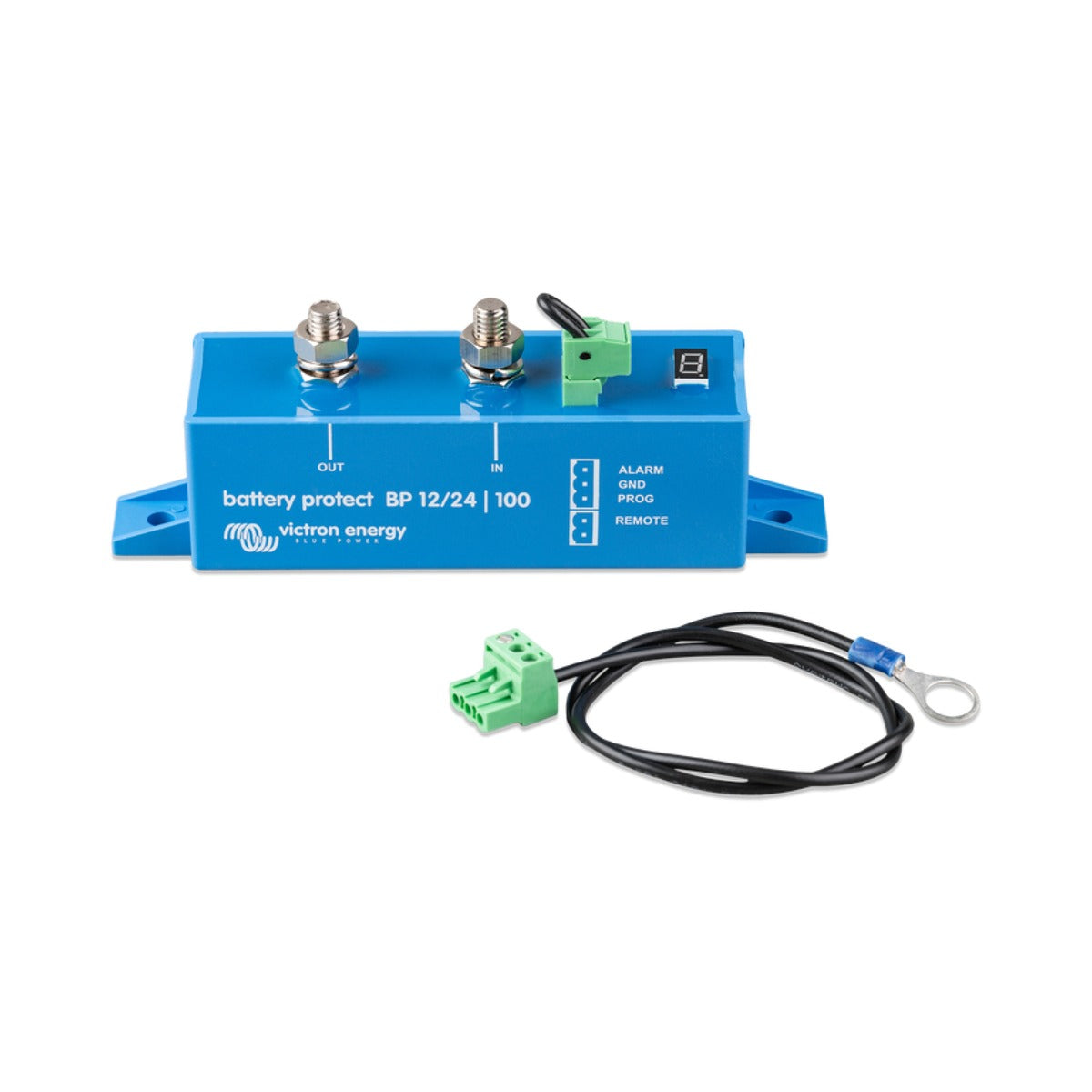 Victron BPR000100400 BatteryProtect 12/24 V 100 A, blue unit with two studs and a green terminal, and a lead with a ring lug