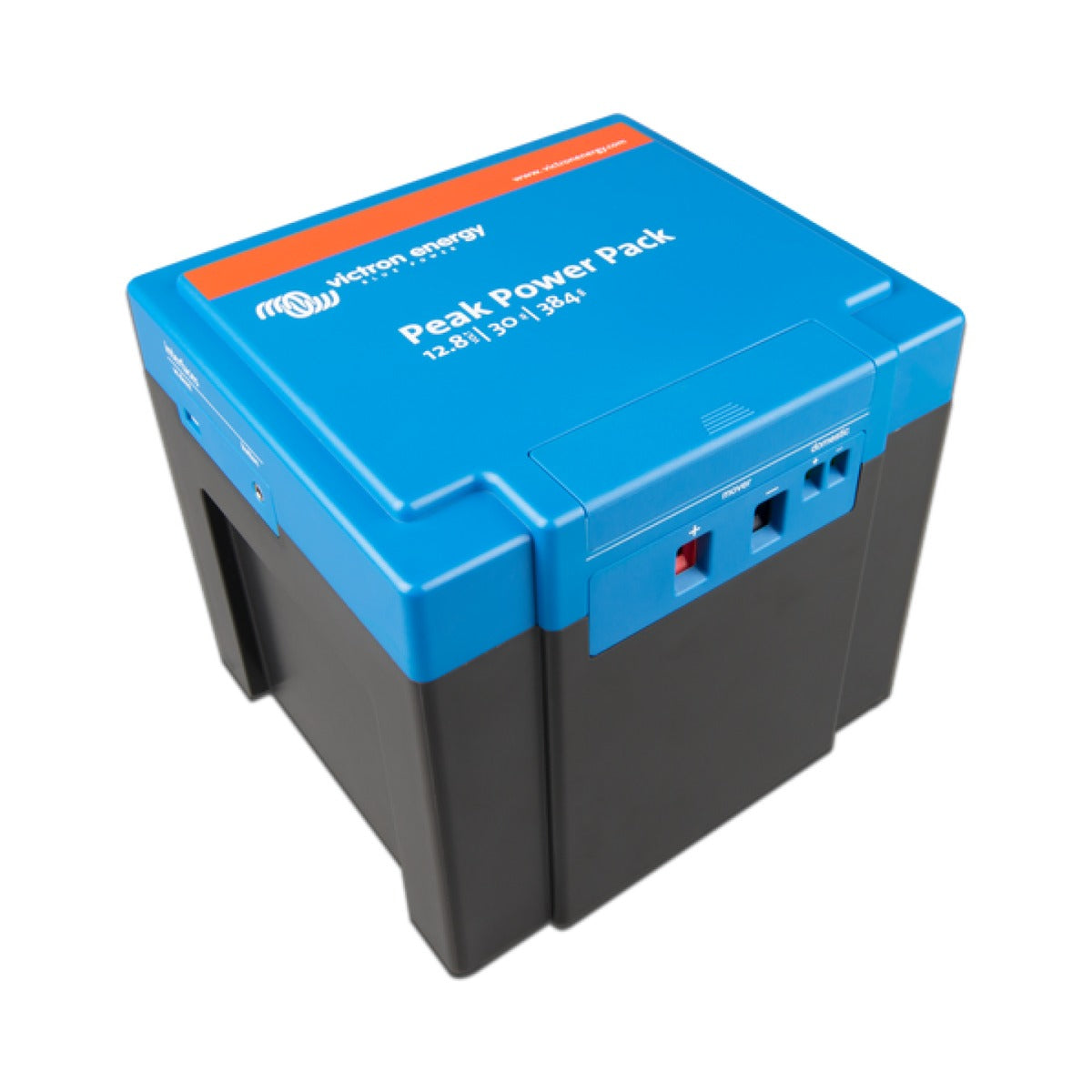 Victron PPP012030000 Peak Power Pack 12.8 V 30 Ah, black case with a blue lid, connectors and an orange band