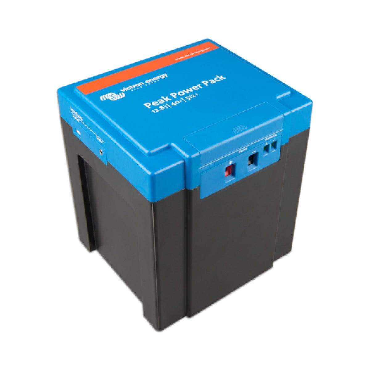 Victron PPP012040000 Peak Power Pack 12.8 V 40 Ah, black case with a blue lid, connectors and an orange band