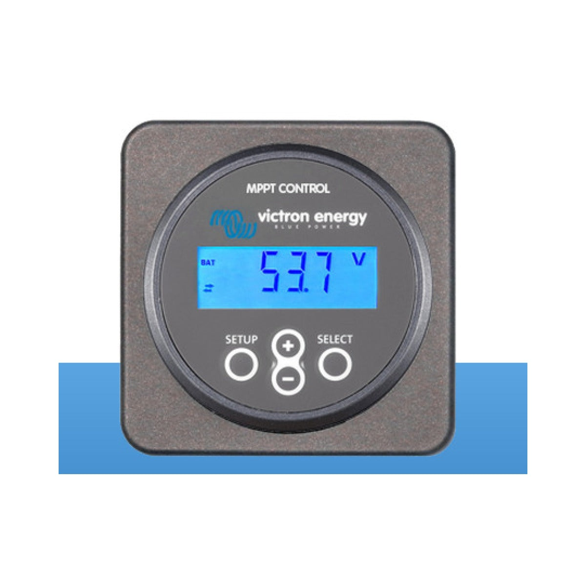 Victron SCC900500000 MPPT Control remote display panel, round grey display reading 53.7 V with four buttons