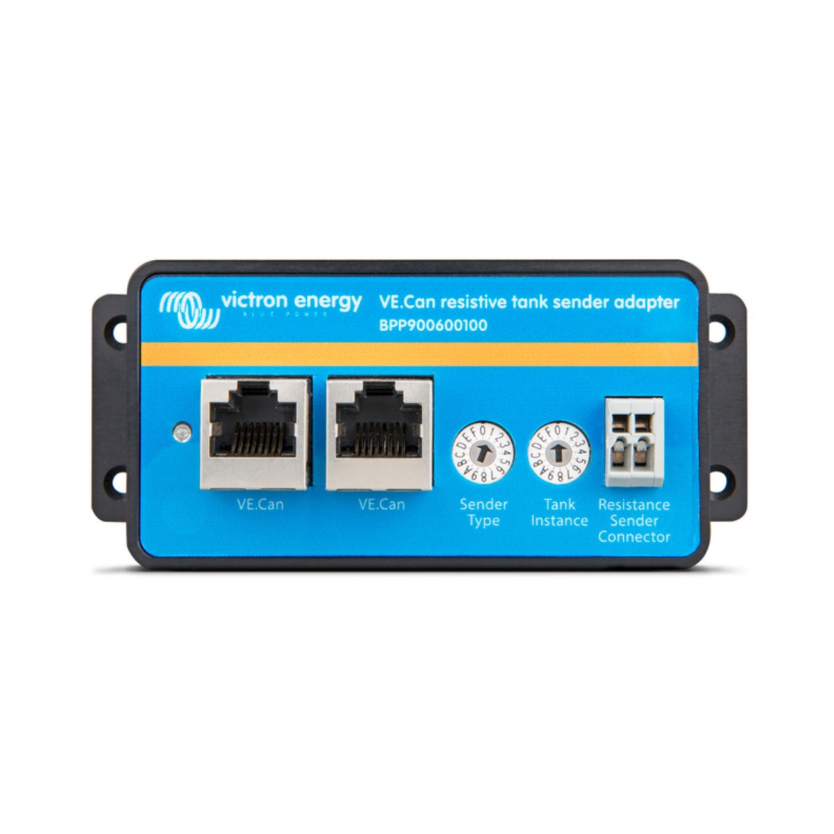 Victron BPP900600100 VE.Can resistive tank sender adapter, blue box with two RJ45 sockets, two dials and a terminal
