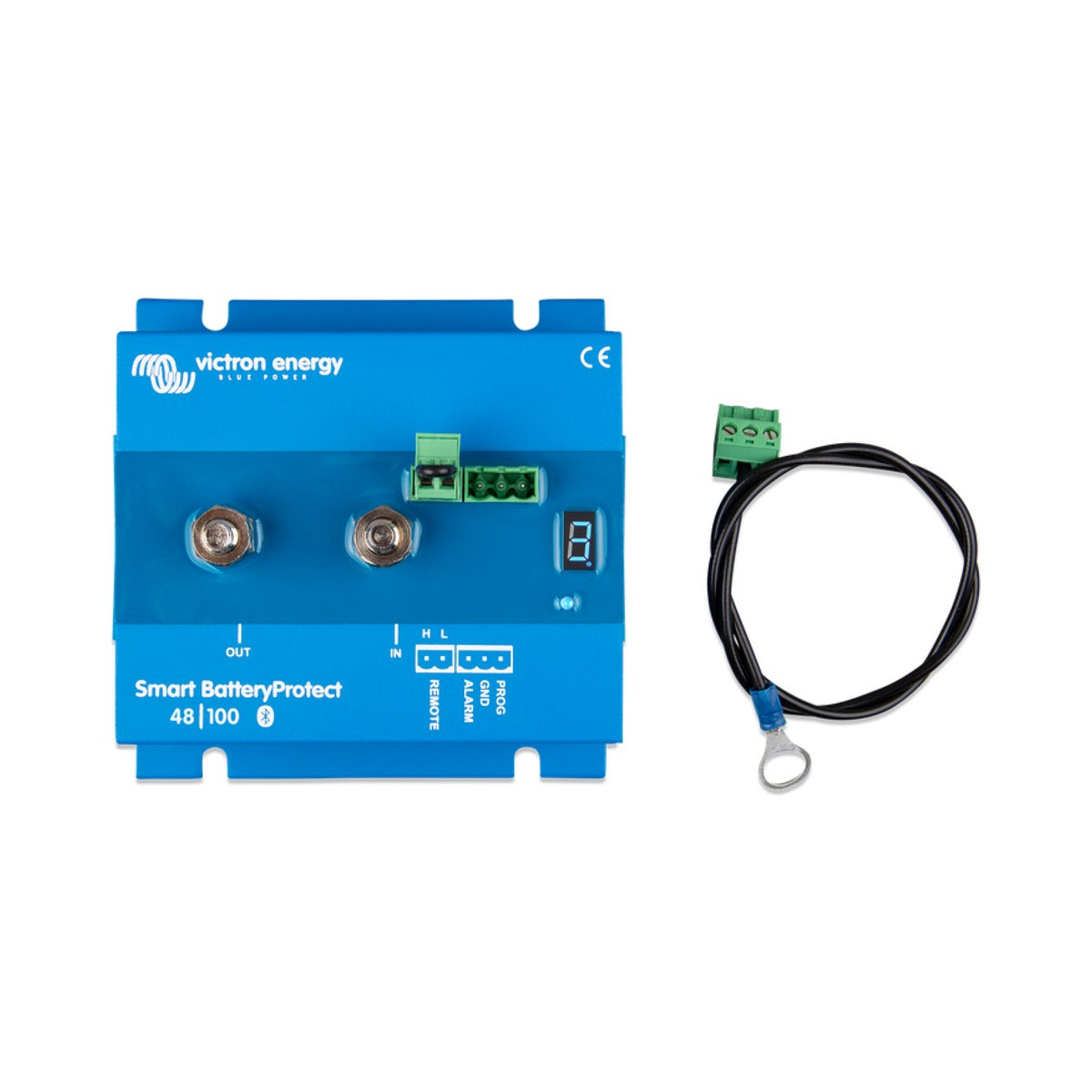 Victron BPR048100400 BatteryProtect 48 V 100 A, blue unit with two studs and a green terminal beside a lead